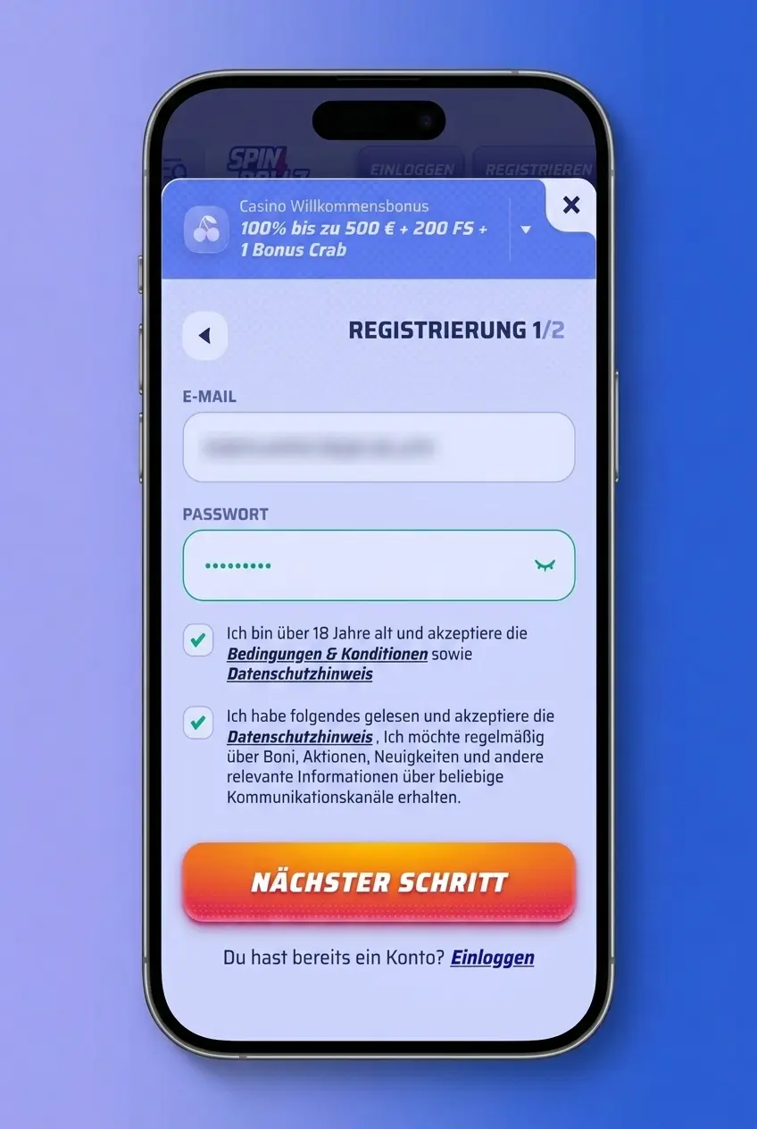 Registrierung in der Spinrollz Application